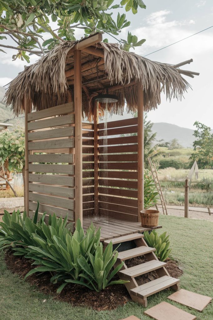 3. Minimalist Concrete Outdoor Shower

For a modern, minimalist approach, design your outdoor garden shower with sleek concrete walls and floors. Concrete is durable, weather-resistant, and provides a contemporary look. Add simple black or brushed steel fixtures to keep the design clean and understated while still functional.