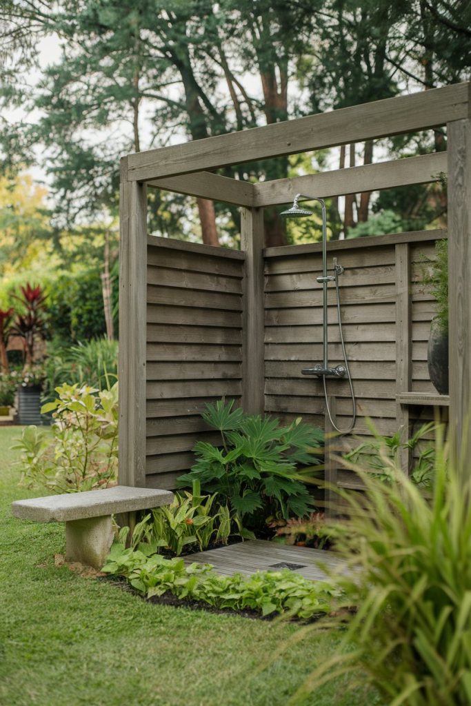 3. Minimalist Concrete Outdoor Shower

For a modern, minimalist approach, design your outdoor garden shower with sleek concrete walls and floors. Concrete is durable, weather-resistant, and provides a contemporary look. Add simple black or brushed steel fixtures to keep the design clean and understated while still functional.