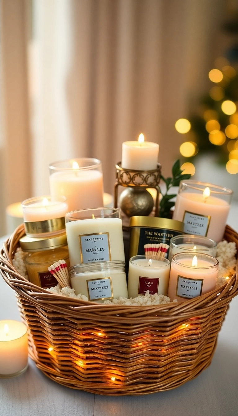 21 Christmas Basket Gift Ideas That Will Delight Everyone on Your List! - 19. Scented Candle Basket