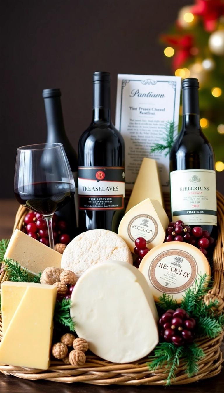 21 Christmas Basket Gift Ideas That Will Delight Everyone on Your List! - 15. Wine & Cheese Pairing Basket