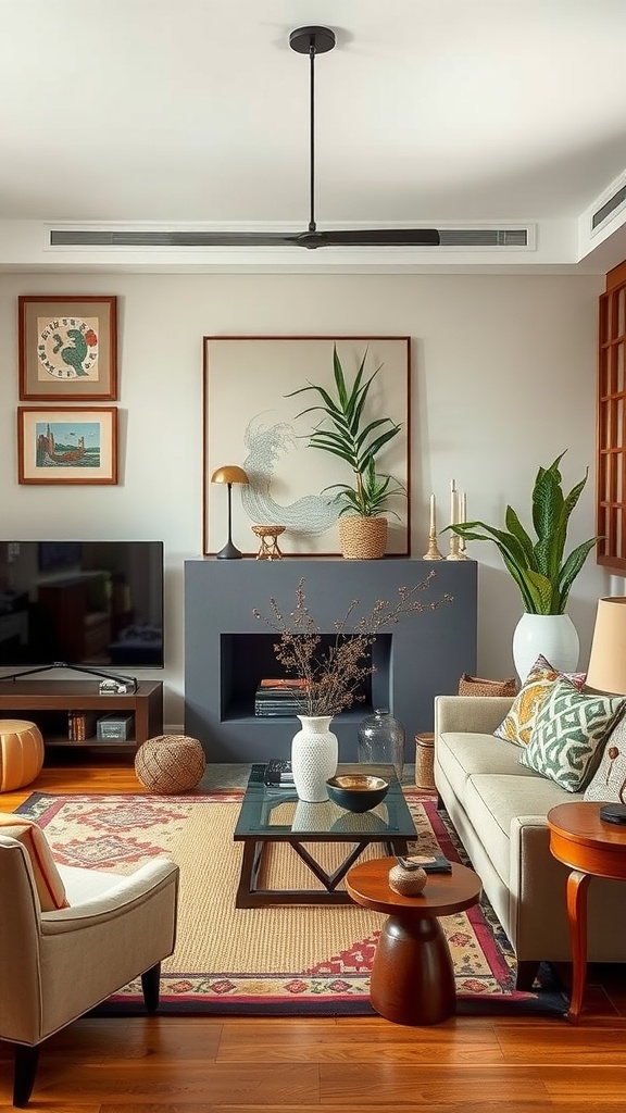 A cozy Japandi living room featuring art pieces, plants, and stylish furniture.