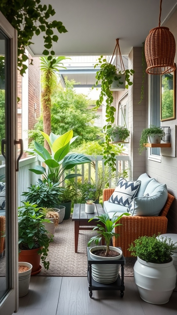 Cozy balcony with plants and comfortable seating