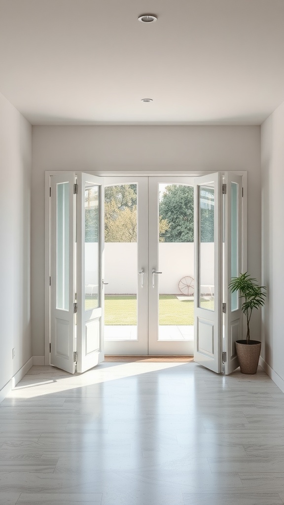 A bright room featuring bi-fold doors opening to an outdoor area.