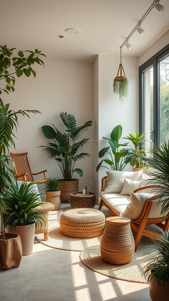 A cozy indoor space filled with various plants and natural materials.