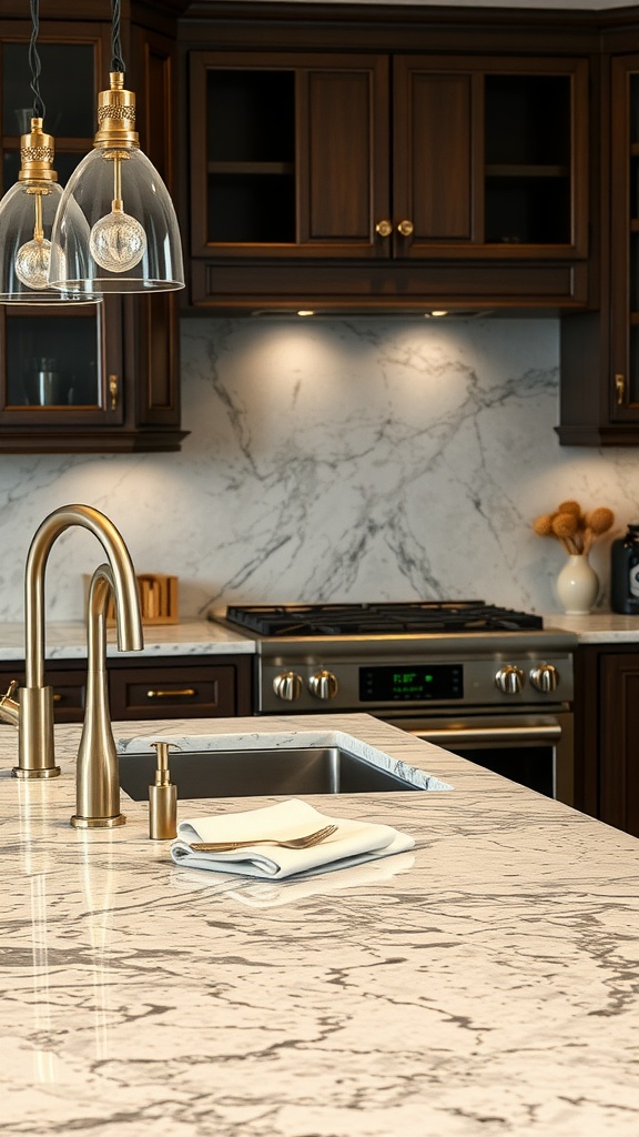 A stylish kitchen featuring classic granite countertops with unique patterns.