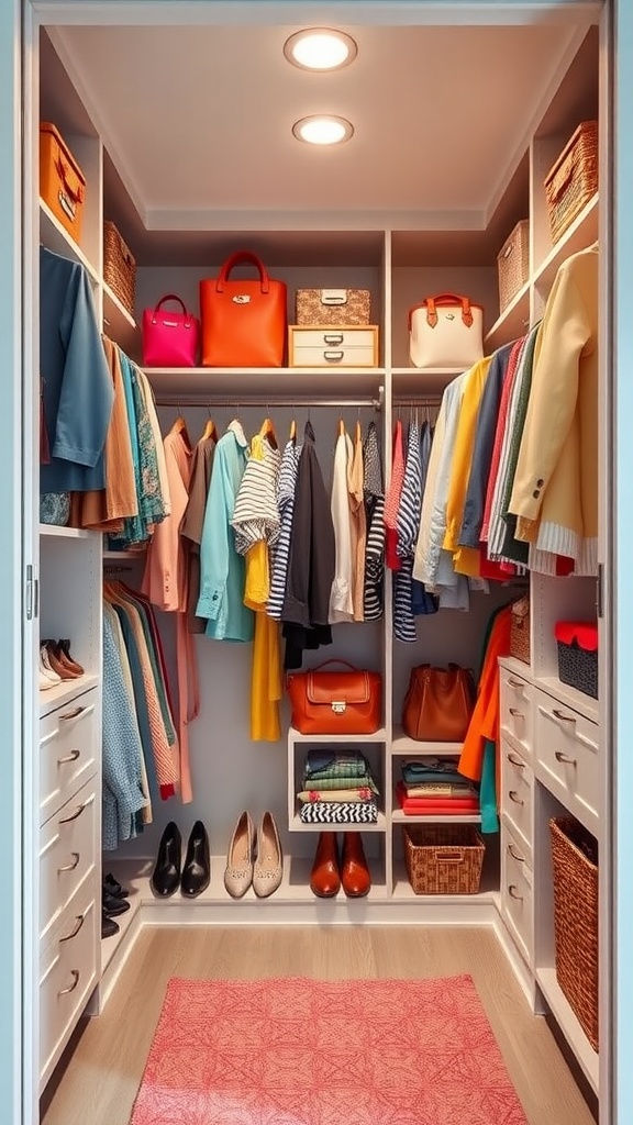 A beautifully organized closet featuring color-coordinated clothing and stylish storage options.