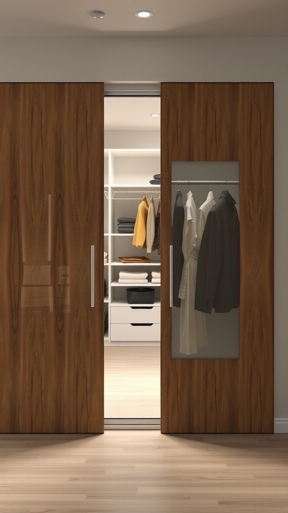 Close-up of contemporary sliding doors leading to a modern closet interior.