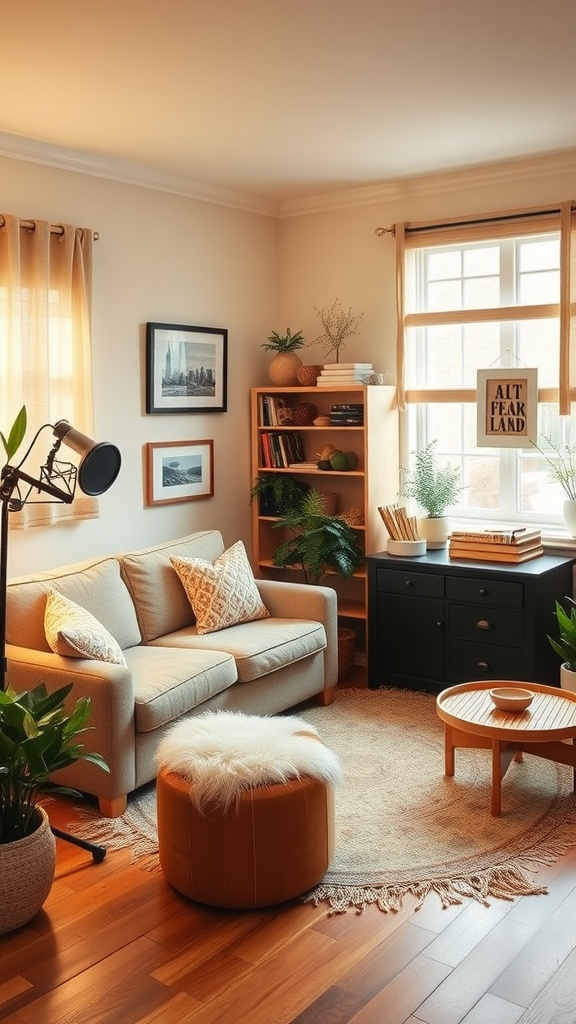 A cozy home studio featuring soft lighting, plants, and comfortable seating.