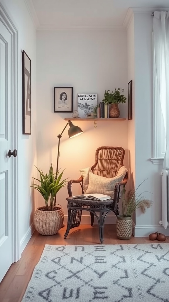 Cozy nook with a chair, lamp, and plants