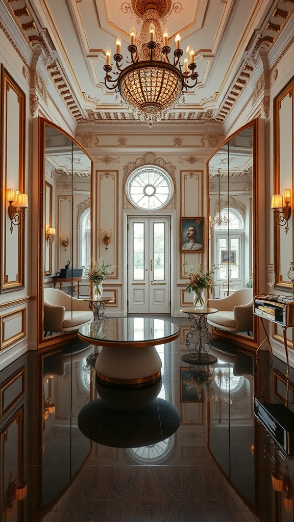 A beautifully decorated room with mirrors, chandelier, and elegant furnishings.