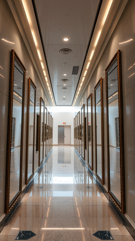 A hallway lined with large mirrors reflecting light and creating a spacious feel.