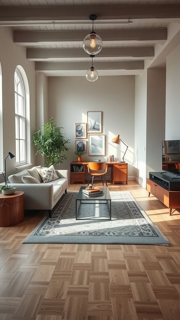 Living room with a rug defining the seating area and a workspace.