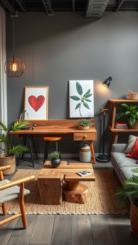 A cozy and stylish interior featuring eco-friendly furniture and plants.