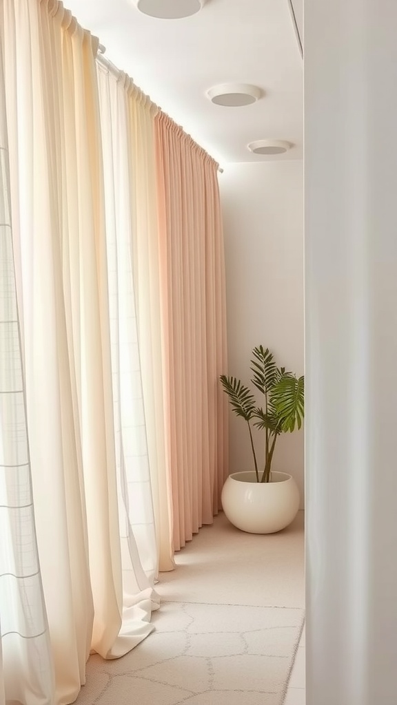 Light and airy fabric drapes in soft colors creating a cozy separation in a room.