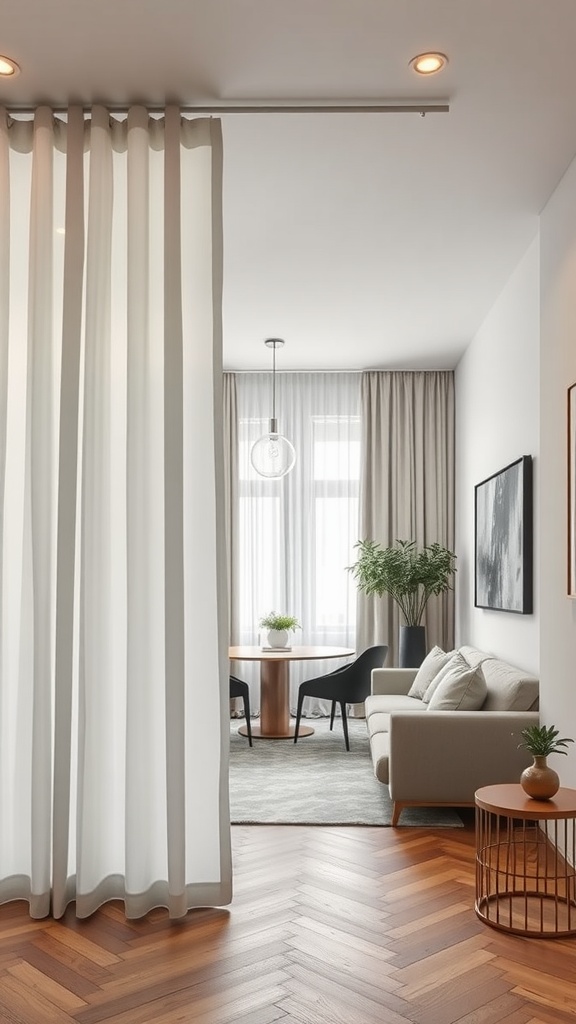 A stylish living area featuring sheer curtains as a room divider.