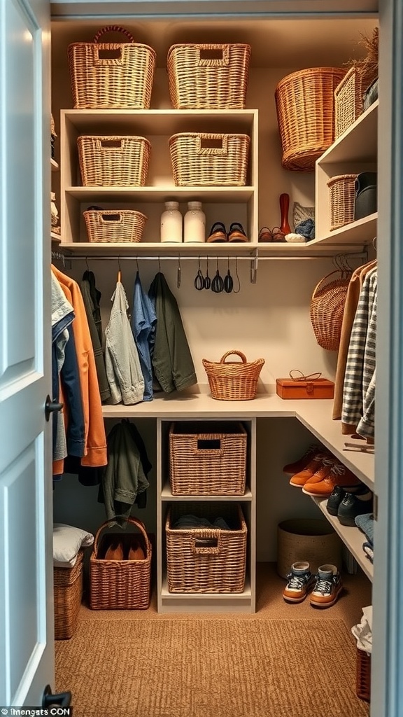 A well-organized closet with shelves, baskets, and hanging clothes.