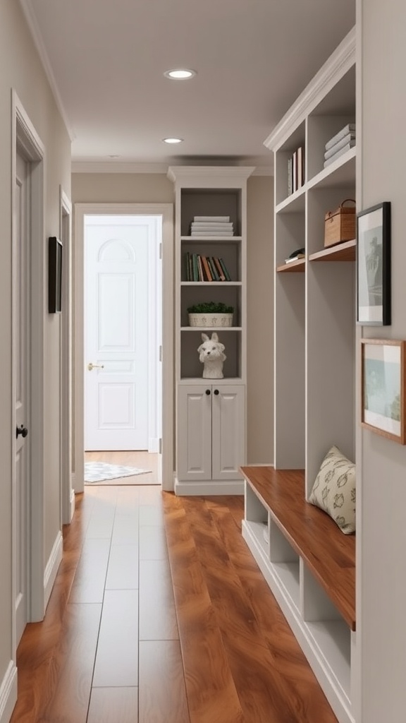 A hallway featuring a built-in shelf, storage cabinet, and a wooden bench.