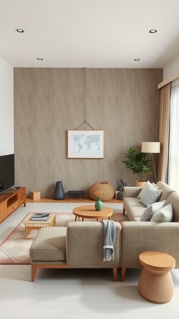 A stylish Japandi living room featuring neutral colors, natural materials, and comfortable furniture.