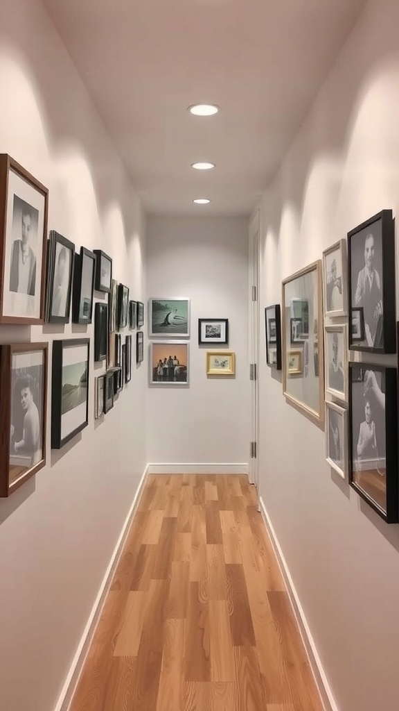 A hallway featuring a gallery wall with various framed photographs.