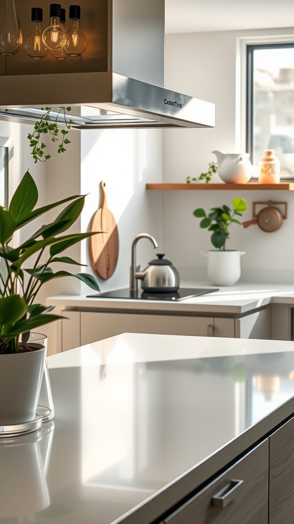 A modern kitchen showcasing sleek glass countertops with plants and stylish decor.