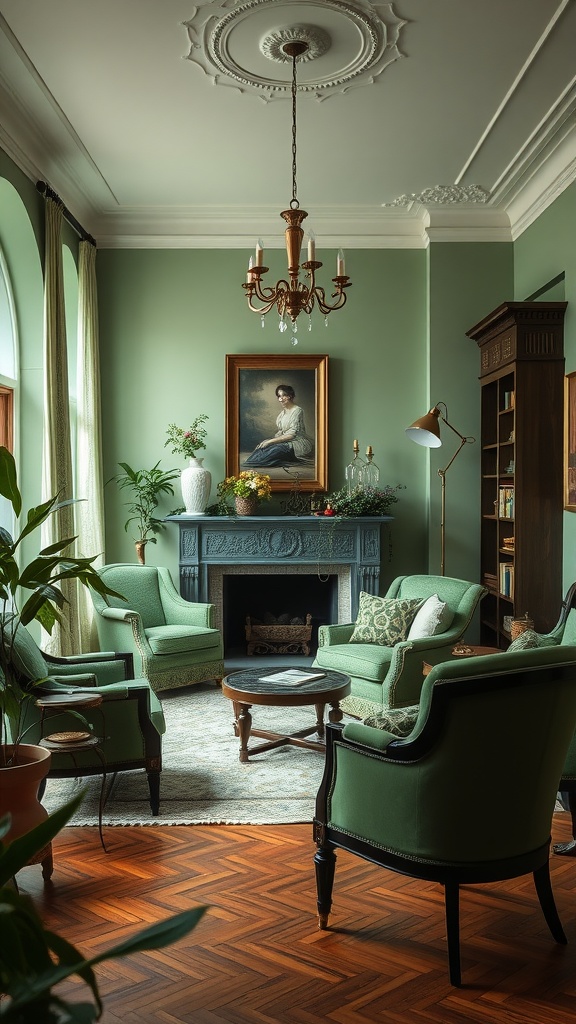 A cozy living room with green furniture, plants, and a vintage chandelier.