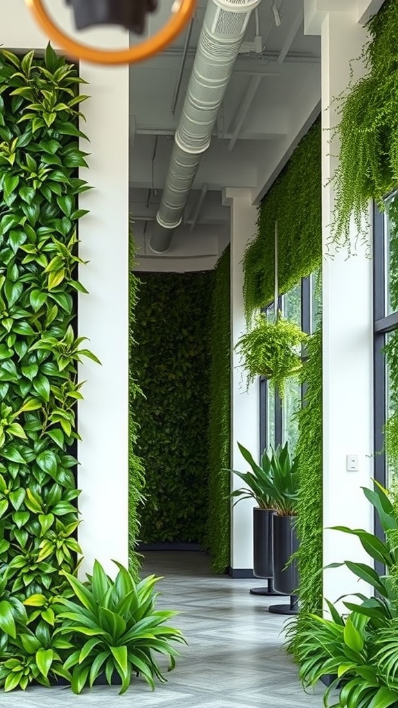 A modern interior featuring lush green wall partitions and plants, creating a vibrant and natural look.