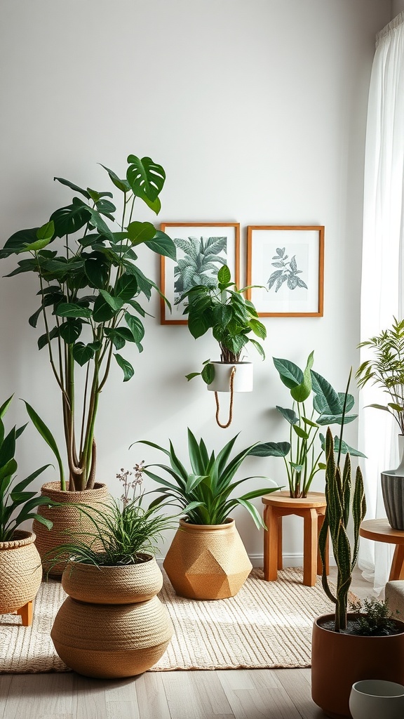 A cozy living room with various indoor plants in stylish pots.