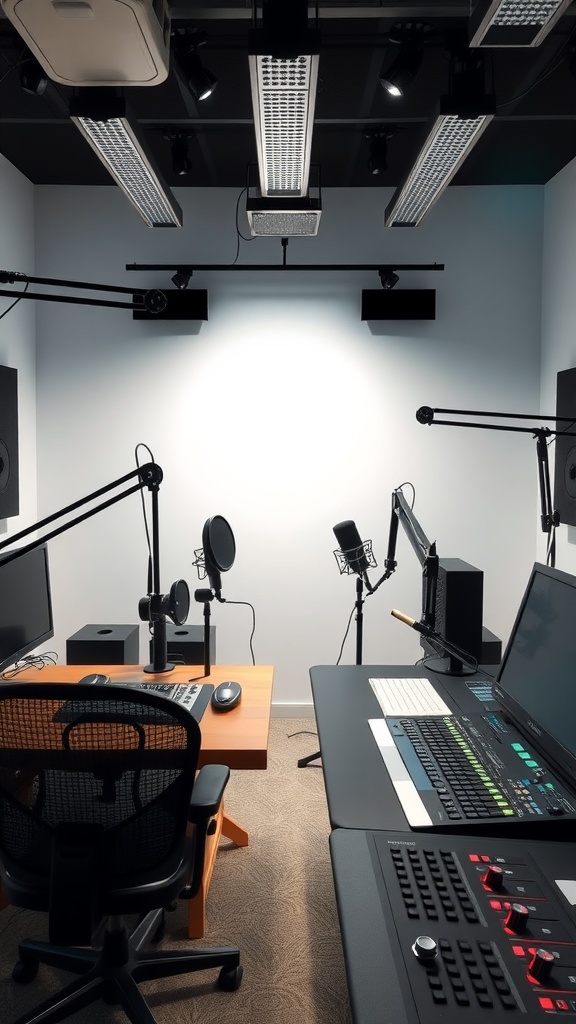 A high-tech podcast studio featuring advanced equipment and sleek design.