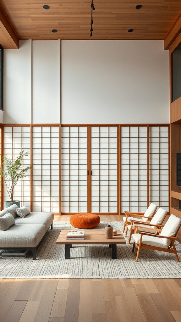 A serene Japandi living room showcasing minimalist decor with natural materials.