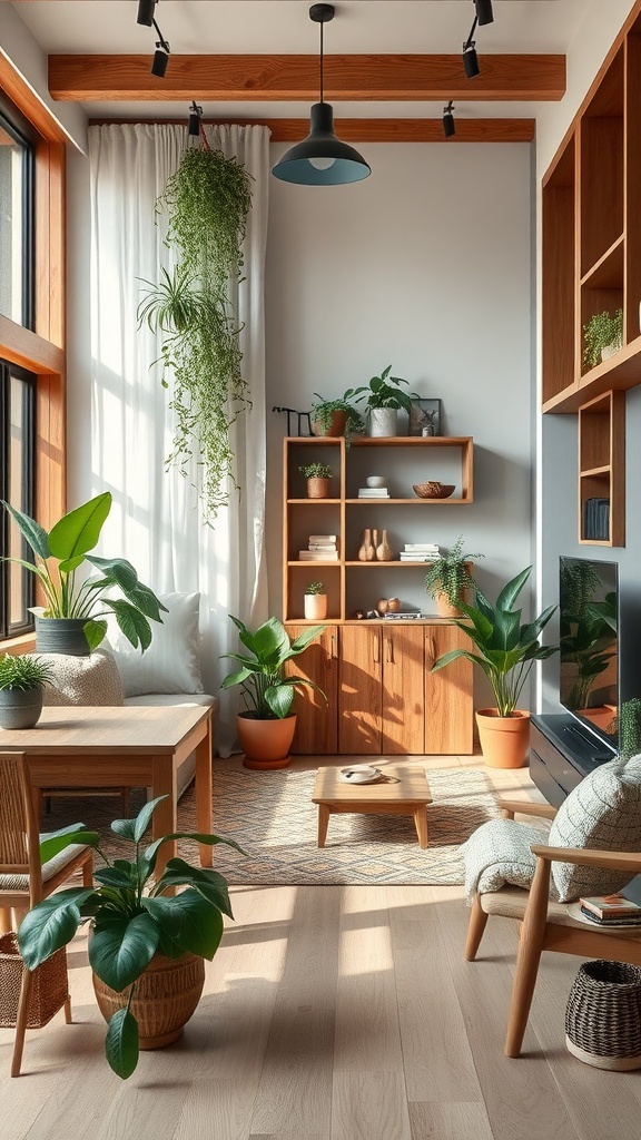 A cozy living room with natural elements, including potted plants and wooden furniture.