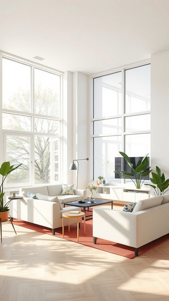 Bright living room with large windows and plants, showcasing natural light