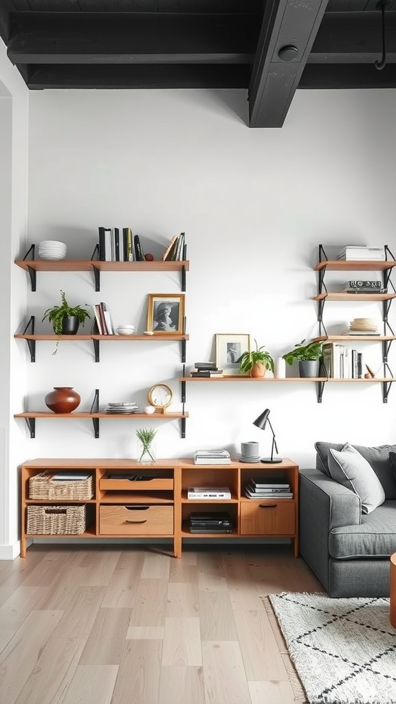 A modern living room featuring wall-mounted shelves and a stylish storage unit for vertical storage.