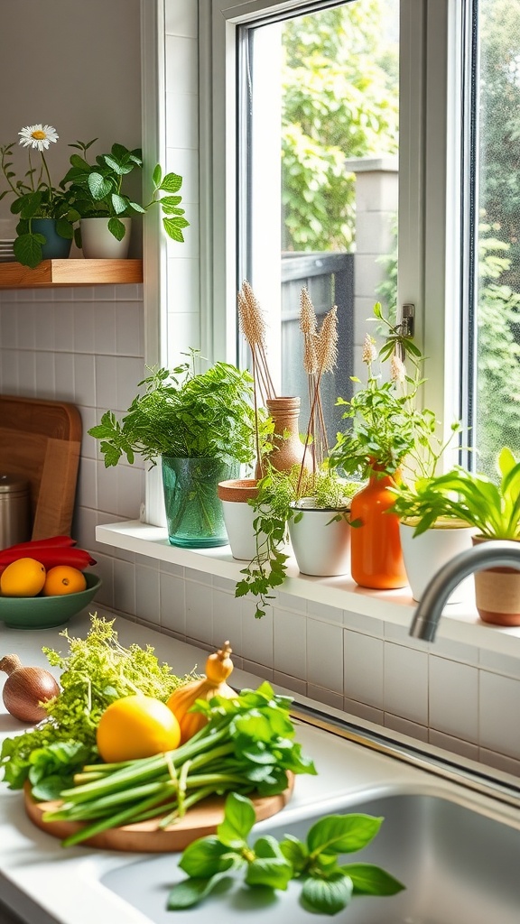 A kitchen windowsill filled with various herbs in pots, with fresh vegetables on the counter.