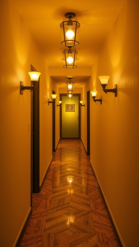 A well-lit hallway with warm yellow lighting and stylish fixtures.