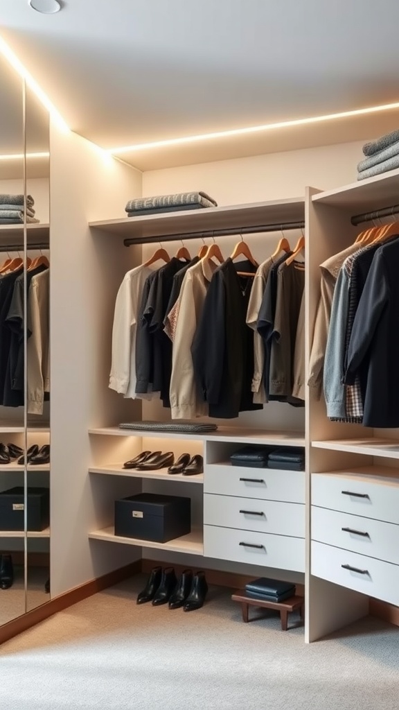 Modern closet design with integrated lighting and organized clothing