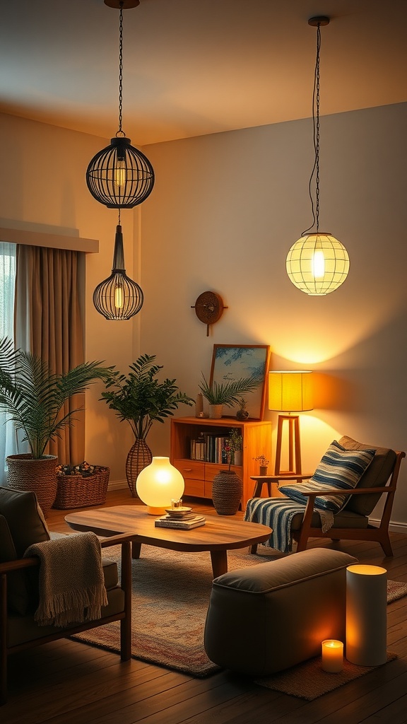 A cozy Japandi living room with layered lighting, including pendant lights, table lamps, and candles.