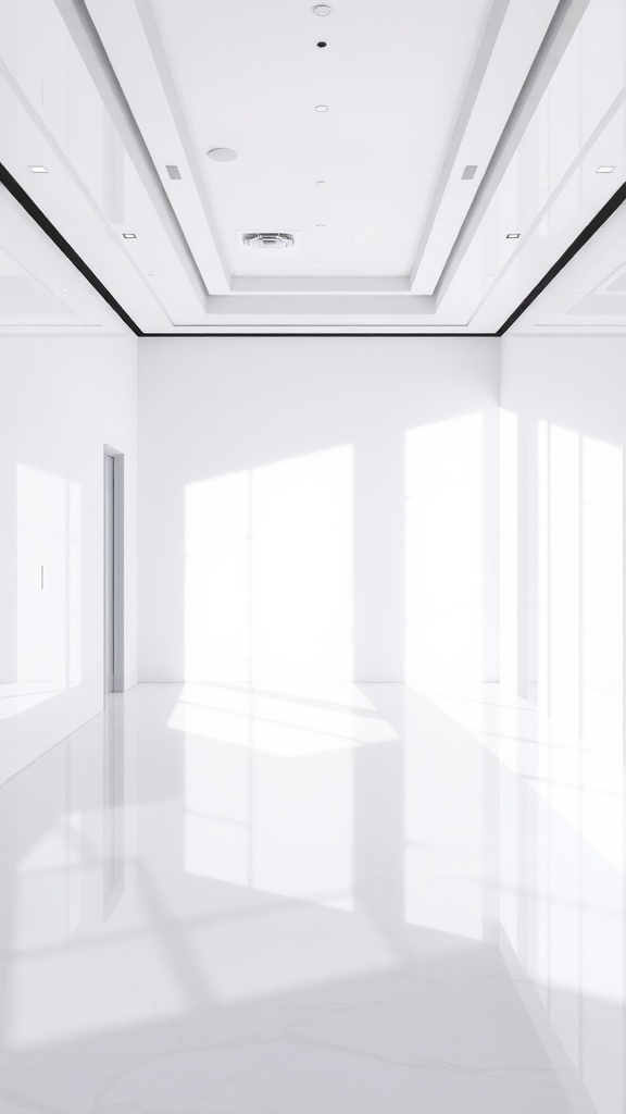 A spacious, bright room with white walls and reflective surfaces.