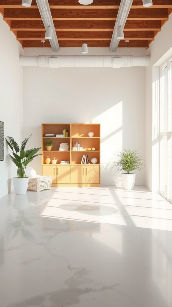 A well-lit, minimalist apartment interior featuring light walls, wooden accents, and greenery.