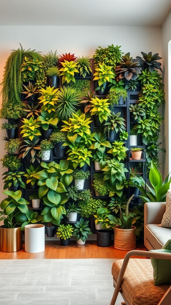 A vibrant living wall filled with various green plants, enhancing the interior space.