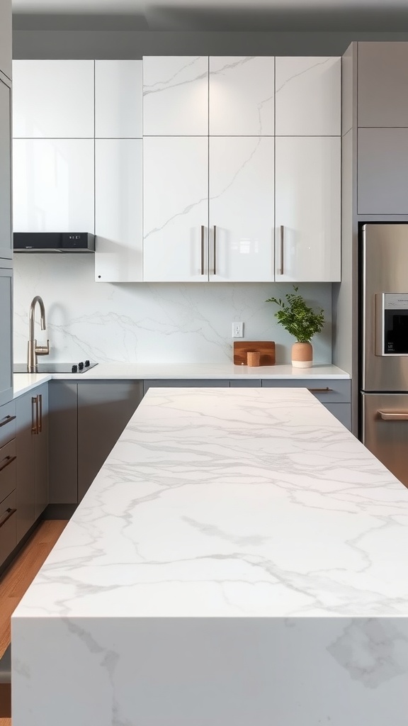 A modern kitchen featuring a marble countertop with elegant veining details.