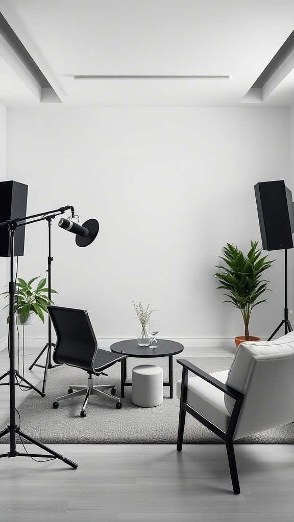 Minimalist podcast studio with simple furniture and plants.