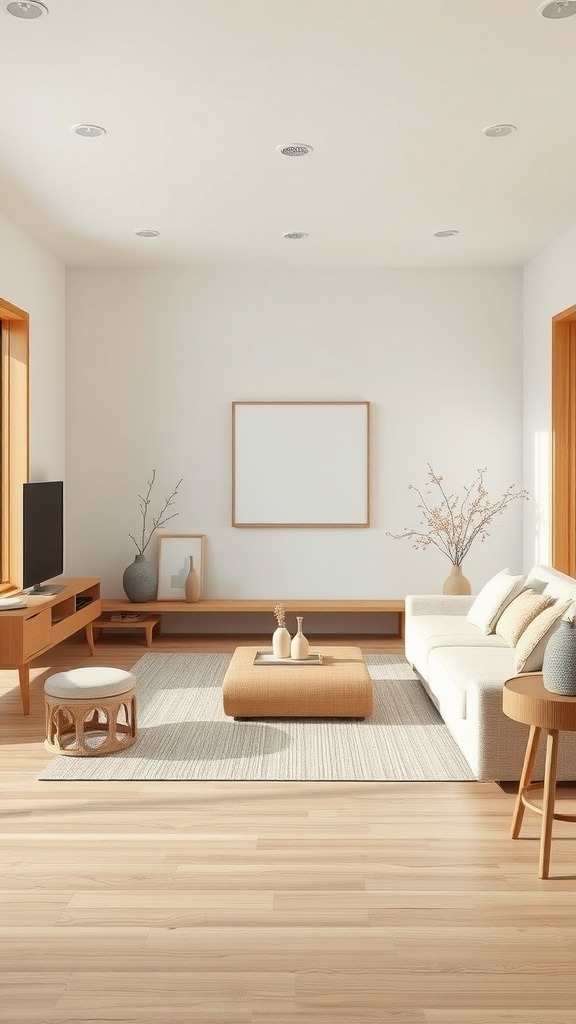 A minimalist Japandi living room featuring wooden furniture and natural textures.