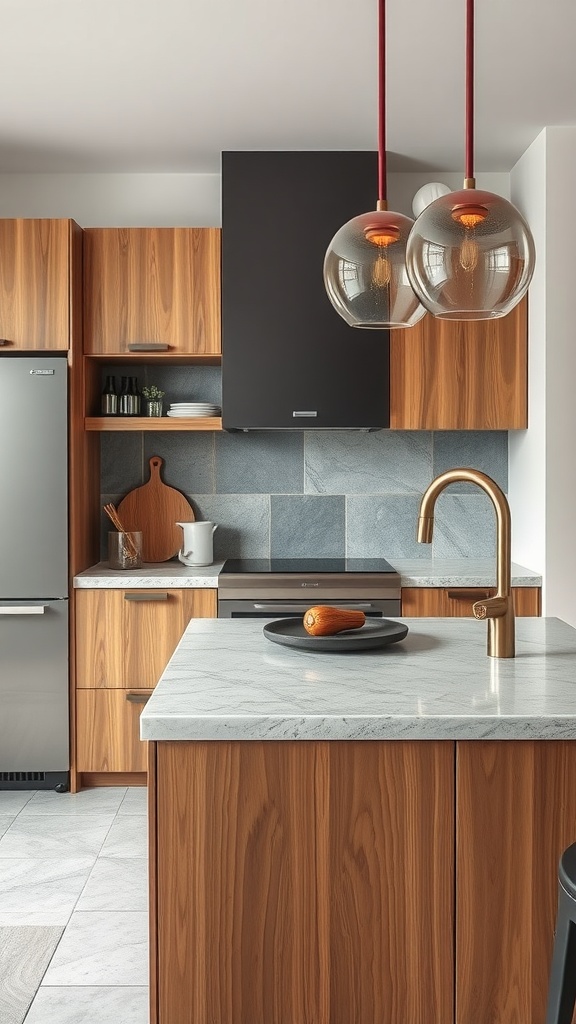 A modern kitchen with a mix of wooden cabinets and a stone countertop, featuring pendant lights.