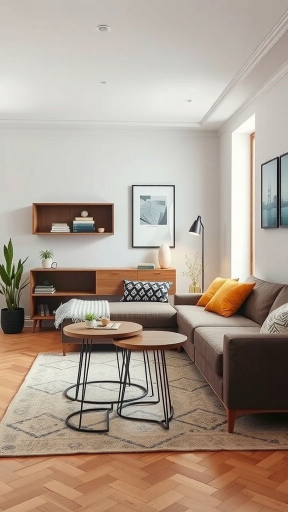 Living room featuring multi-functional furniture with a sofa, coffee tables, and decorative elements.