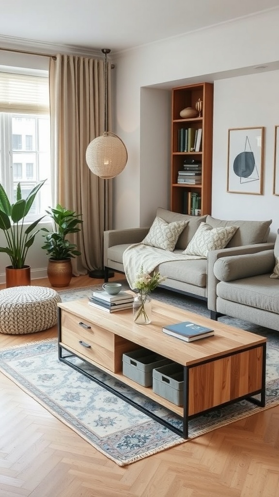 A cozy living room featuring a multi-functional coffee table, a comfortable sofa, and decorative elements.