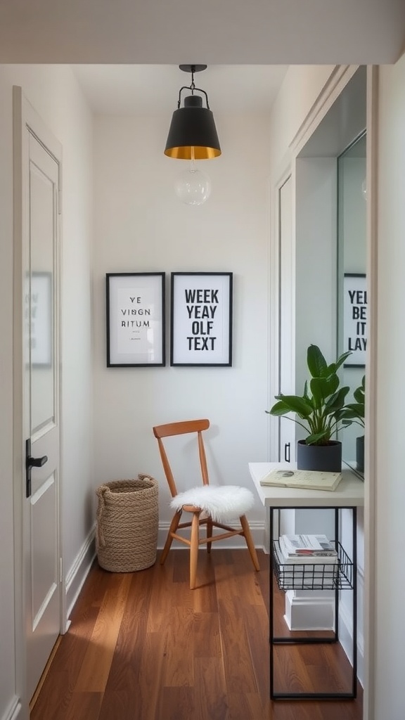 A modern hallway featuring a chair, framed artwork, and a plant, showcasing a stylish and functional design.