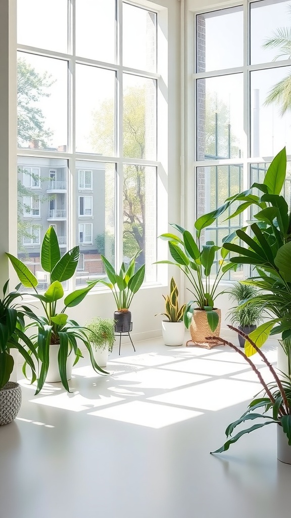 Bright room with large windows and various indoor plants