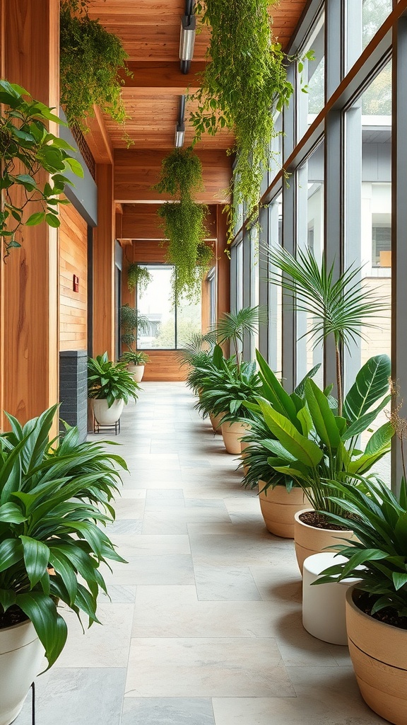 A bright hallway with large plants and wooden features.