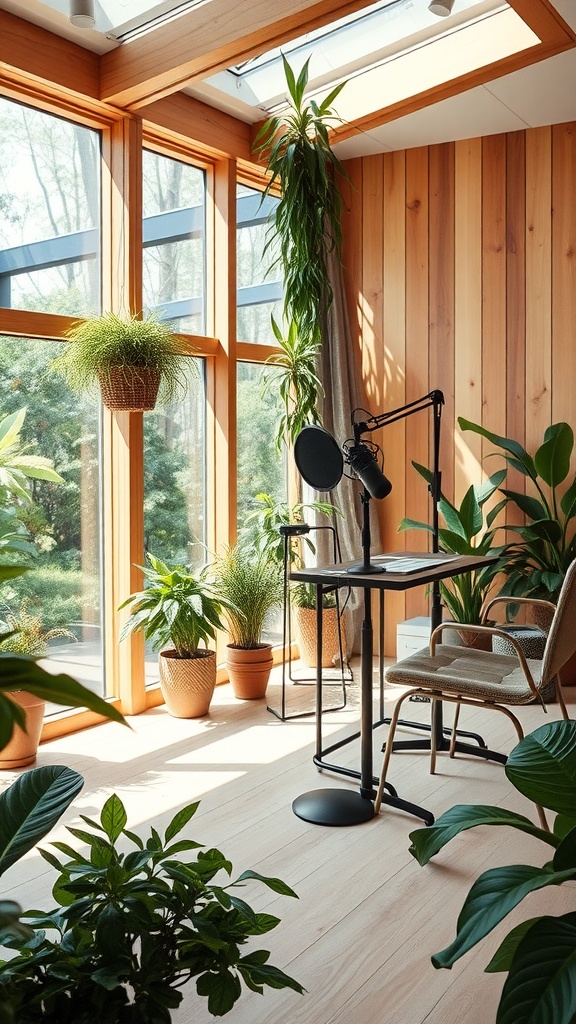 A nature-inspired podcast studio filled with greenery and natural light.