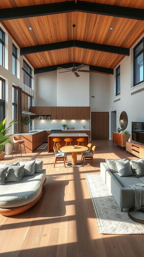 A spacious open-concept living area with wooden ceilings, large windows, and modern furniture.